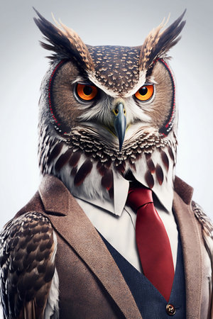 eagle owl in suit on white backgroundの素材