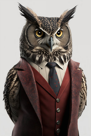 eagle owl in suit on white backgroundの素材
