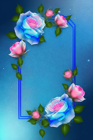 frame with pink roses on blue backgroundの素材