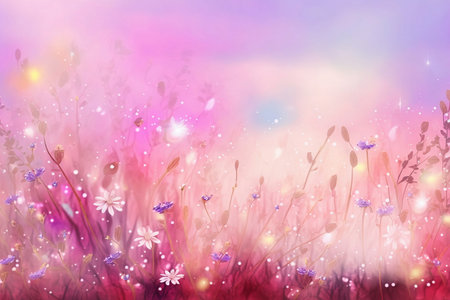 meadow of wildflowers in pastel colors on gradient backgroundの素材