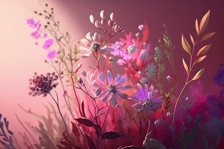meadow of wildflowers in pastel colors on gradient backgroundの素材