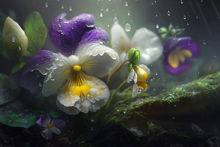 violet and yellow flowers in the rain close upの素材