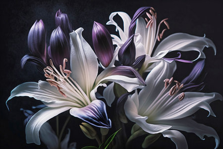 white and purple lilies on dark background close upの素材