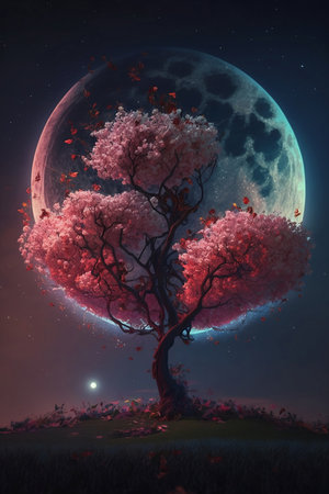 blooming sakura tree at night with full moonの素材
