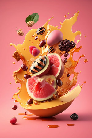 flying colorful fruits with splash on pink backgroundの素材