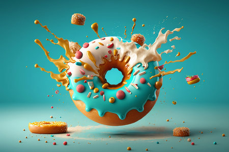 colorful glazed donut on blue backgroundの素材