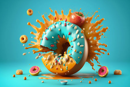 colorful glazed donut on blue backgroundの素材
