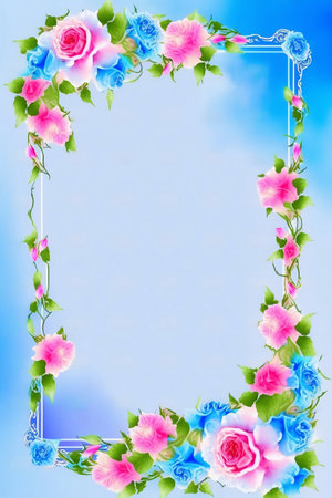 frame with pink roses on blue backgroundの素材