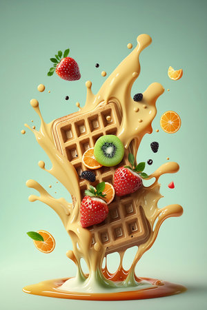 belgian waffles with fruits on green backgroundの素材