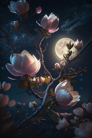 magnolia flowers on branches at night with full moonの素材
