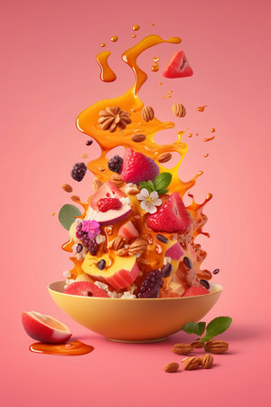 flying colorful fruits with splash on pink backgroundの素材