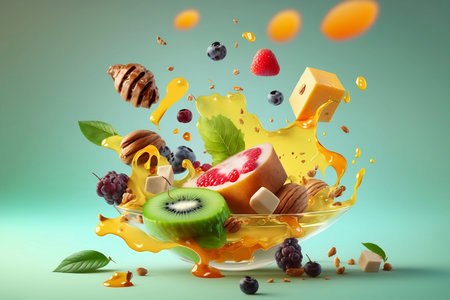 flying colorful fruits with splash on green backgroundの素材