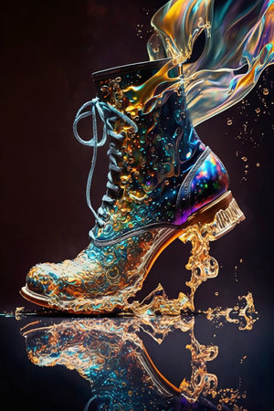 futuristic golden shoes on dark backgroundの素材