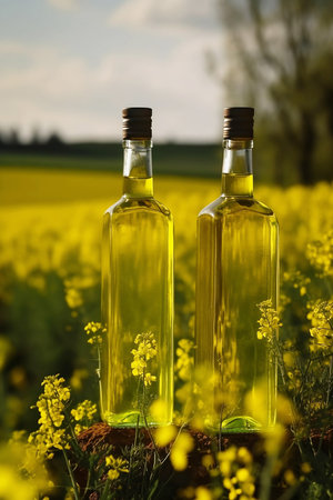 still life with bottles of olive oil in rapeseed fieldの素材