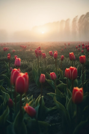 field of red tulips in morning sunrise lightの素材