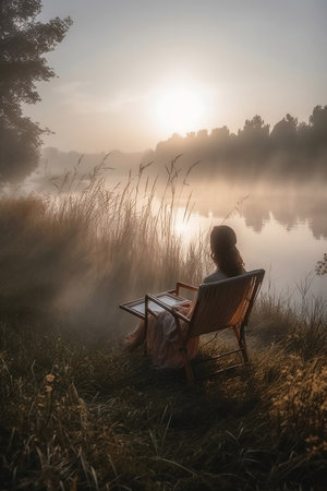 woman sitting on chair by the river at sunriseの素材