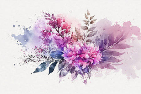 watercolor pink and purple widflowers on white backgroundの素材