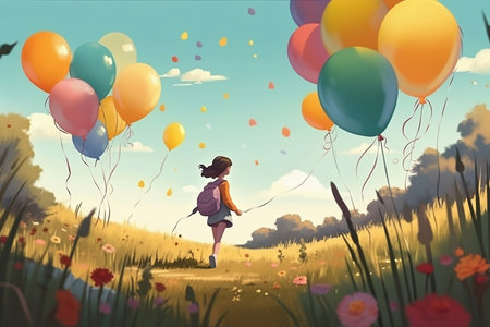 girl with colorful balloons running in flower meadowの素材