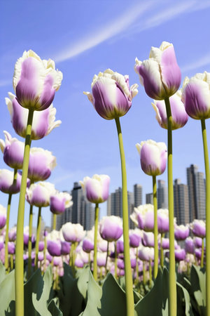white and purple tulips gargen close upの素材