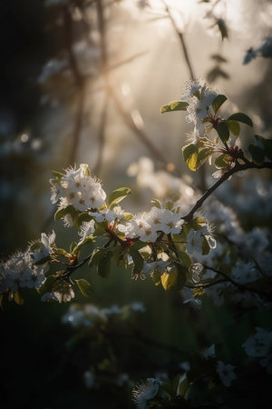 blossoming cherry tree flowers in sunbeams close upの素材