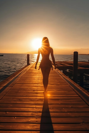 woman on sea pier at sunsetの素材