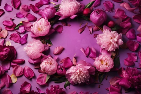 frame of purple roses and peonies and purple backgroundの素材