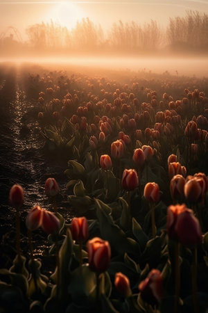 field of red tulips in morning sunrise lightの素材