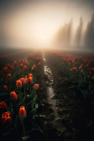 field of red tulips in morning sunrise lightの素材