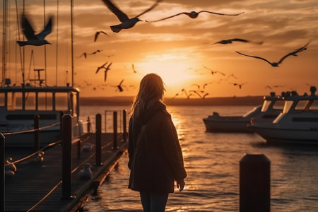 girl on sea pier at sunsetの素材