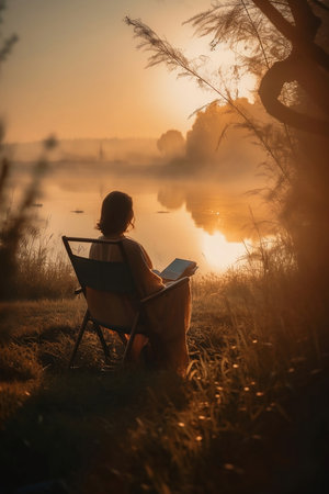 woman sitting on chair by the river at sunriseの素材
