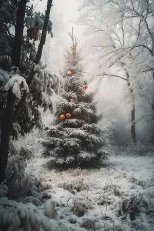 christmas tree with decorations in winter forestの素材