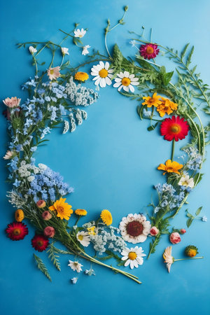 colorful flowers frame on blue backgroundの素材