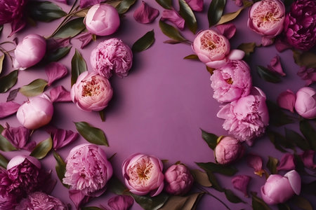 frame of purple roses and peonies and purple backgroundの素材