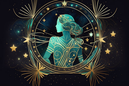 illustration of zodiac sign virgo on space backgroundの素材