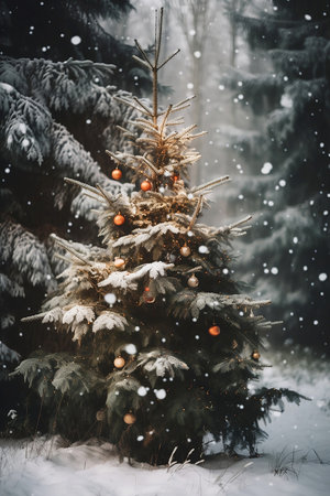christmas tree with decorations in winter forestの素材