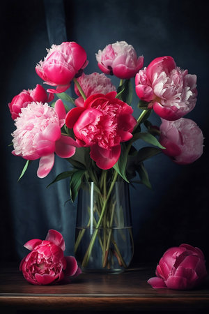 bouquet of pink peonies in glass vase on dark backgroundの素材