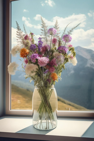 bouquet of wildflowers in glass vase on mountain landscape backgroundの素材