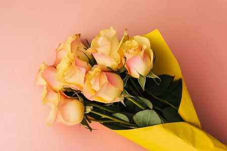 bouquet of yellow roses on pink background top viewの素材
