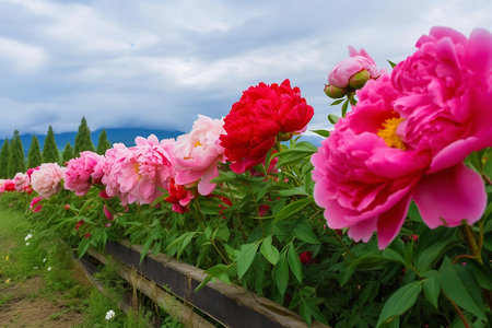 field of red and pink peonies close upの素材
