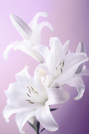 white lilies on pastel purple background close upの素材