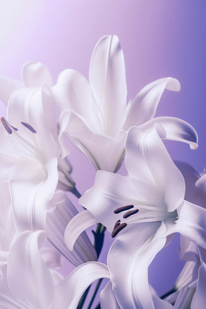 white lilies on pastel purple background close upの素材