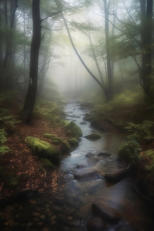 creek running through green forest in morning fogの素材