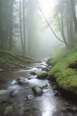 creek running through green forest in morning fogの素材