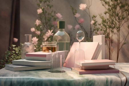 still life with pink flowers and essential oils and booksの素材