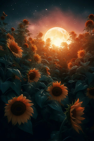 field of sunflowers at full moon nightの素材