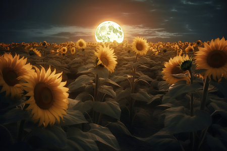 field of sunflowers at full moon nightの素材