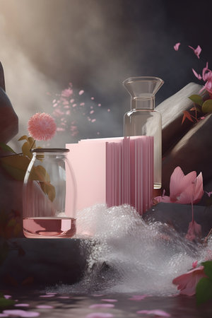 still life with pink flowers and essential oils and booksの素材
