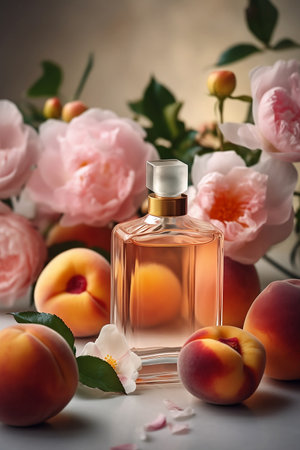 perfume bottle with pink flowers and peachesの素材