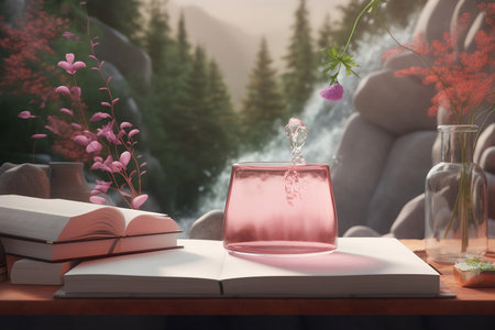 still life with pink flowers and essential oils and books on mountain landscape backgroundの素材