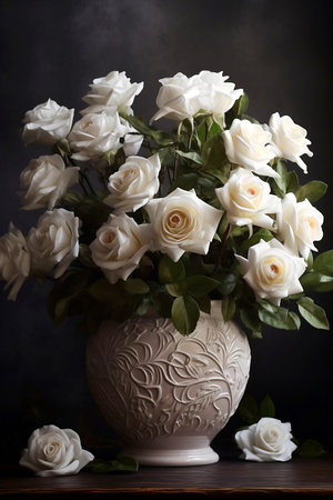 still life with white roses in ceramic vase on dark backgroundの素材